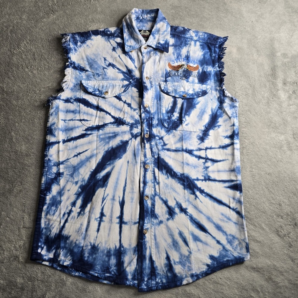 Biker Design Stugis Vest Mens Medium Blue Tie Dye Button 2012 Black Hills Rally